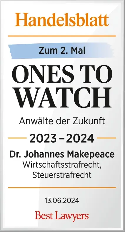 Banner für die Auszeichnung als Anwalt der Zukunft 2023/2024 für Dr. Johannes Makepeace vom Handelsblatt